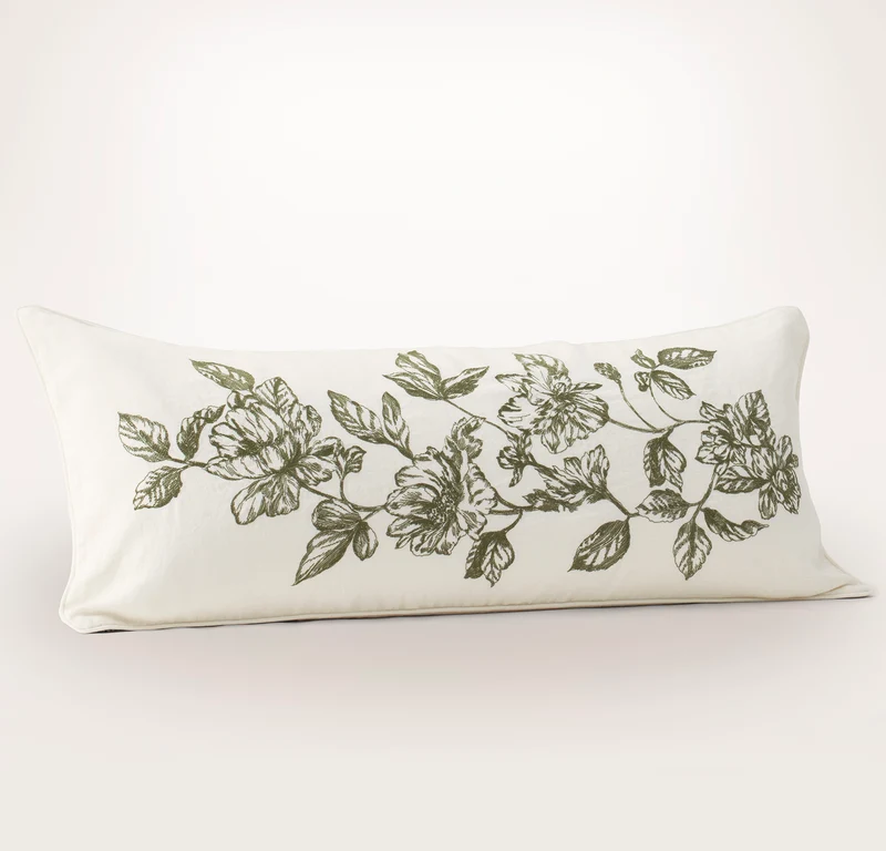 Etched Peony Pillow Cover - Cream/Olivine