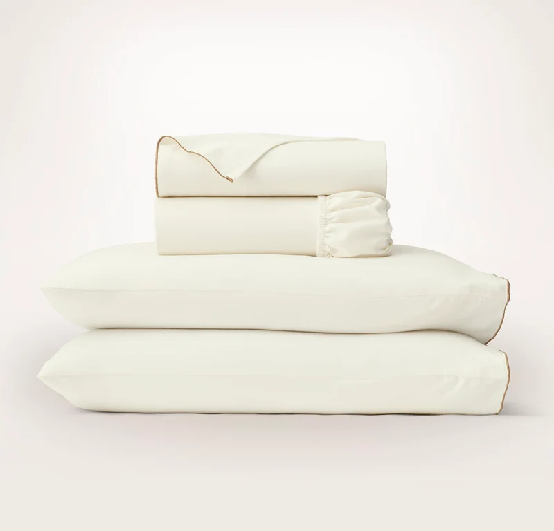 Elysian Cotton Cashmere Sheet Set - Cream/Camel Piped Edge