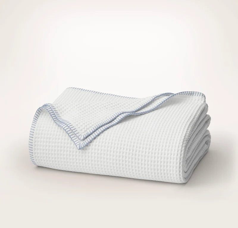 Waffle Bed Blanket - White/Hydrangea Whipstitch