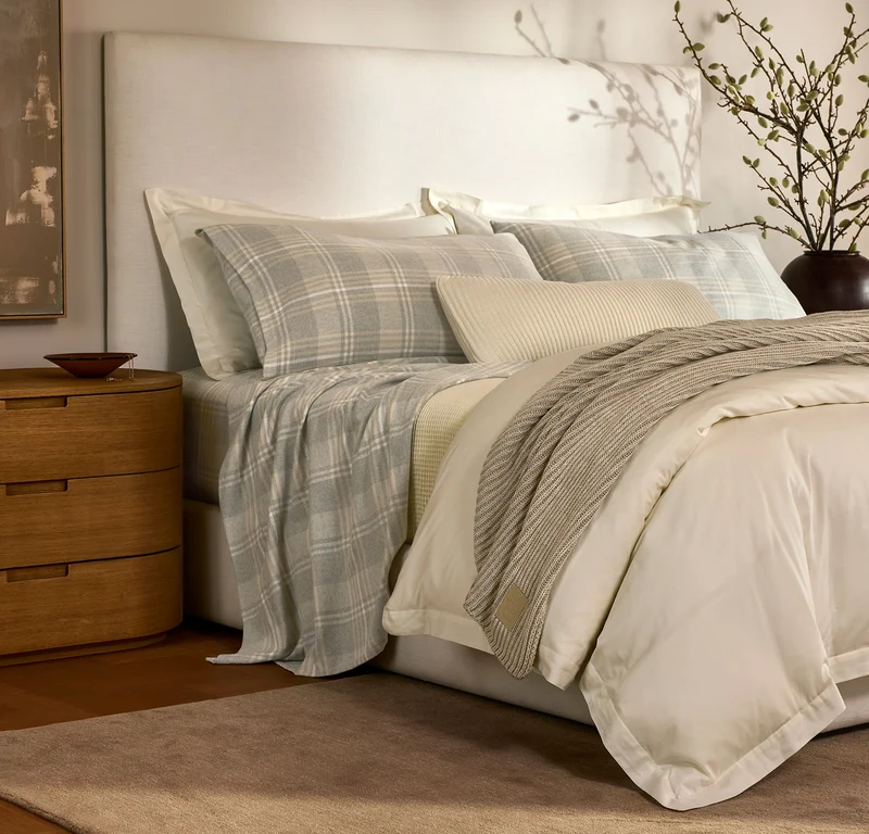 Flannel Sheet Set - Heathered Fog/Sand/Cream Tartan