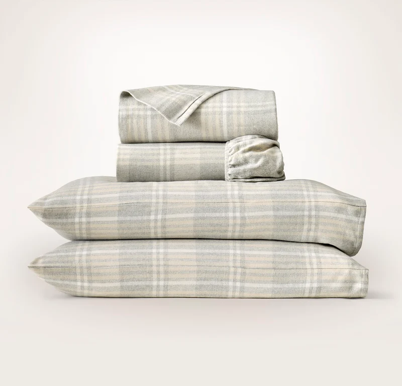 Flannel Sheet Set - Heathered Fog/Sand/Cream Tartan
