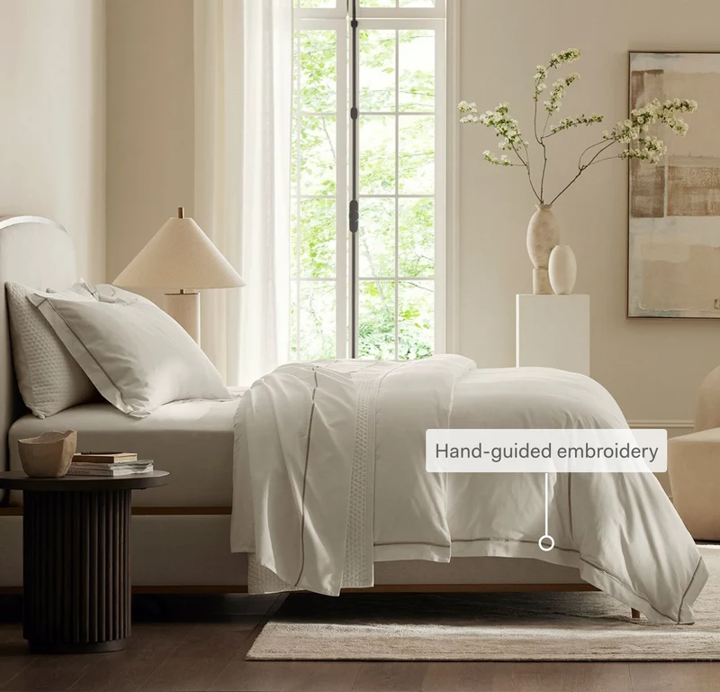 Percale Embellished Duvet Set - White/Mineral Embroidered