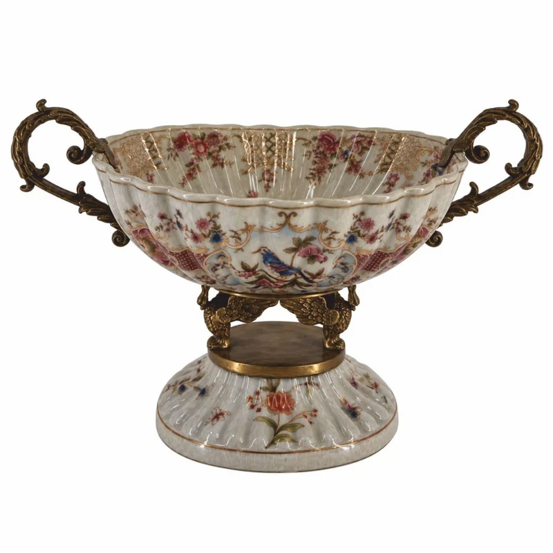 Casa Padrino Jugendstil Deko Schale Weiß / Bunt / Bronze 28 x H. 18 cm - Porzellan Obstschale - Jugendstil Deko Accessoires