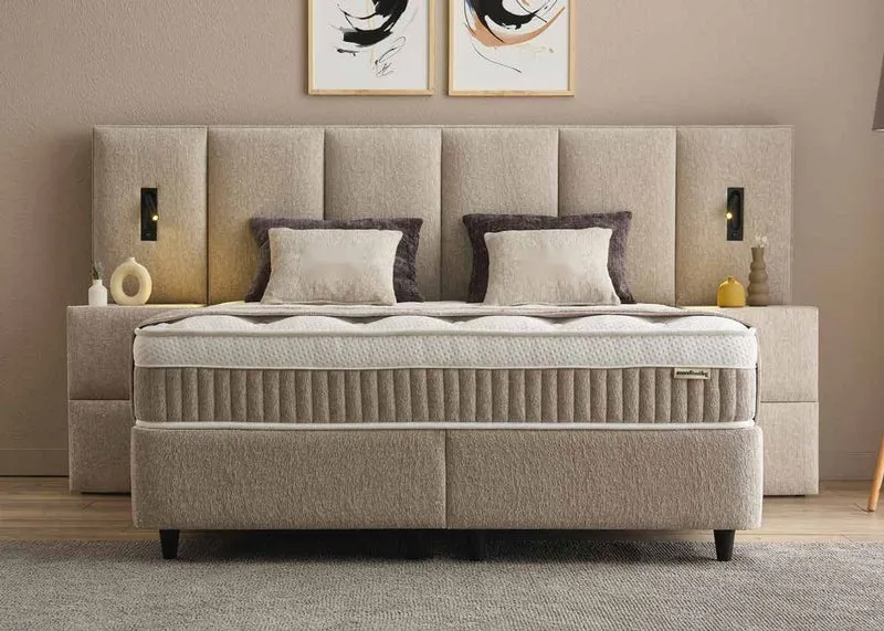 Casa Padrino Luxus Boxspringbett mit hohem Wandkopfteil und Leseleuchten Taupe 180 x 200 cm - Luxus Schlafzimmer Möbel