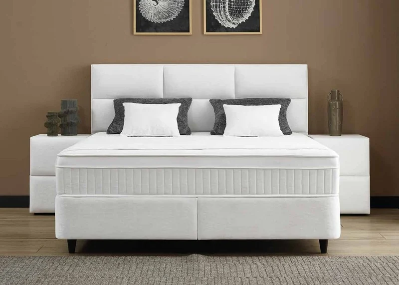 Casa Padrino Luxus Boxspringbett mit Kopfteil in Feldoptik Weiß 180 x 200 cm - Luxus Schlafzimmer Möbel