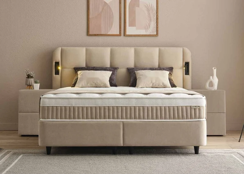 Casa Padrino Luxus Boxspringbett mit gestepptem Kopfteil und Leseleuchten Beige 180 x 200 cm - Luxus Schlafzimmer Möbel