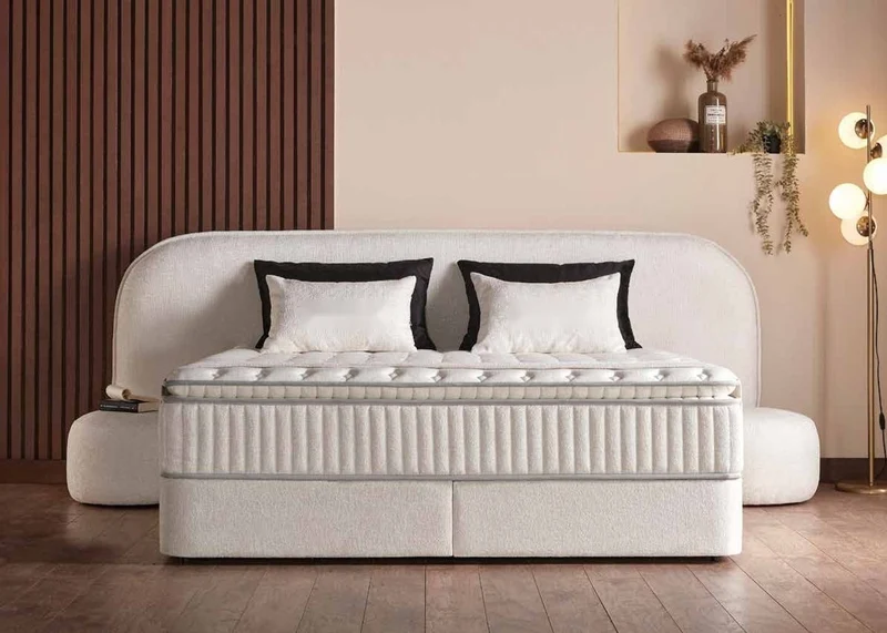 Casa Padrino Luxus Boxspringbett mit gerundetem Kopfteil Creme 160 x 200 cm - Luxus Schlafzimmer Möbel