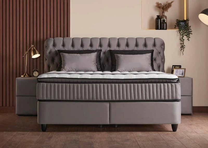 Casa Padrino Luxus Boxspringbett mit Chesterfield Kopfteil Grau 140 x 200 cm - Luxus Schlafzimmer Möbel