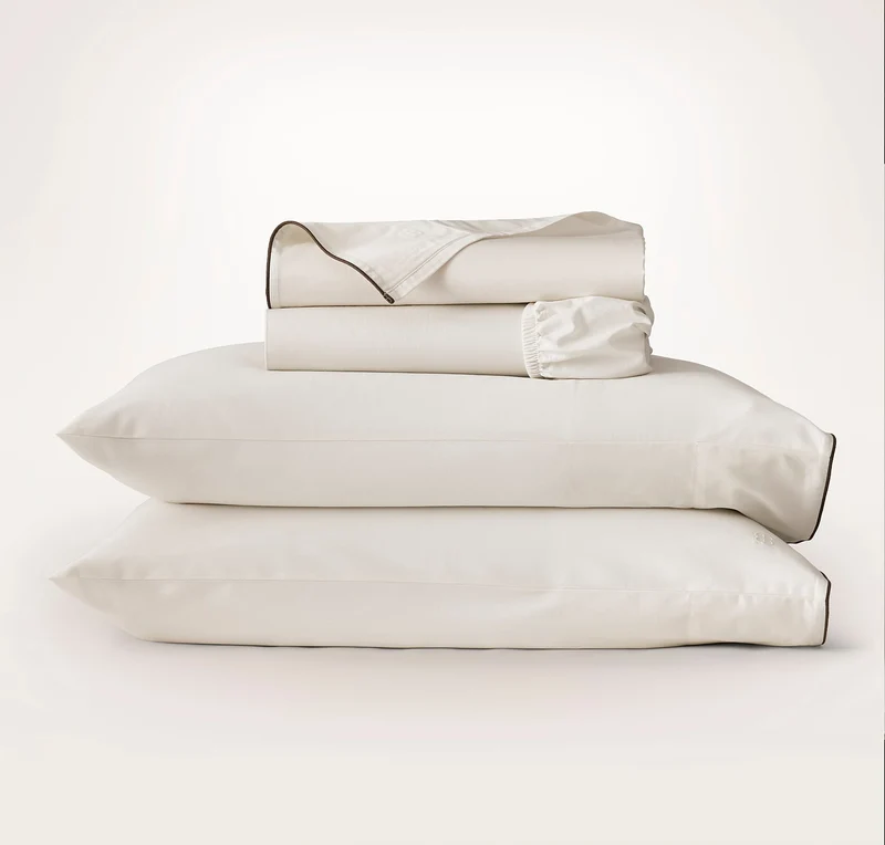 Percale Embellished Sheet Set - Cream/Deep Walnut Piped Edge