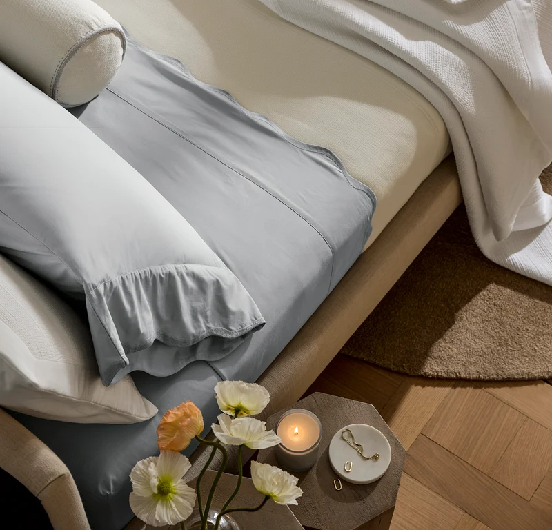Percale Embellished Sheet Set - Shore/Shore Curved Edge