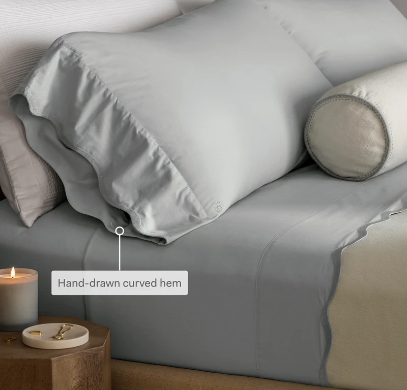 Percale Embellished Pillowcase Set - White/White Curved Edge