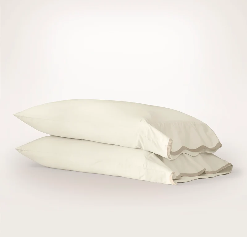 Percale Embellished Pillowcase Set - Cream/Sand Curved Edge
