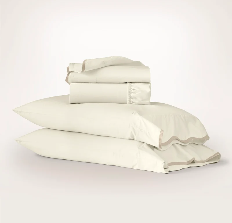 Percale Embellished Sheet Set - Cream/Sand Curved Edge