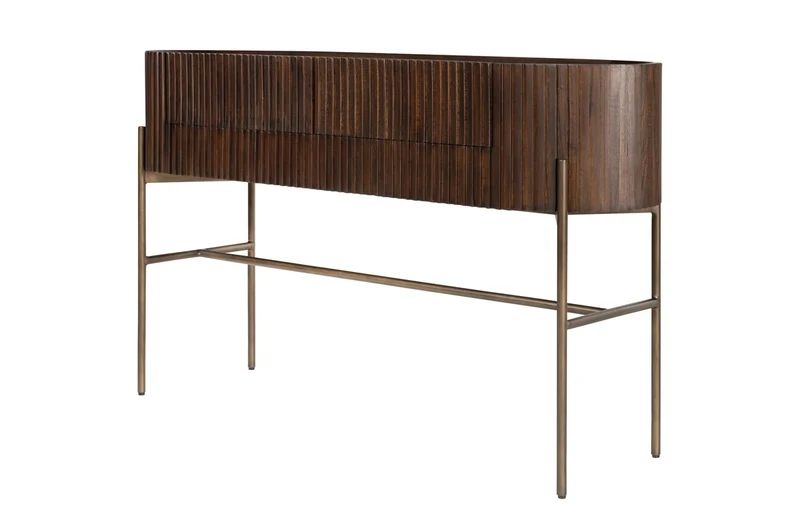 Casa Padrino Luxus Konsole Pogoro Braun 130 x 45 x H. 80 cm - Massivholz Konsole mit Metallgestell in dunkler Messing-Optik - Luxus Möbel