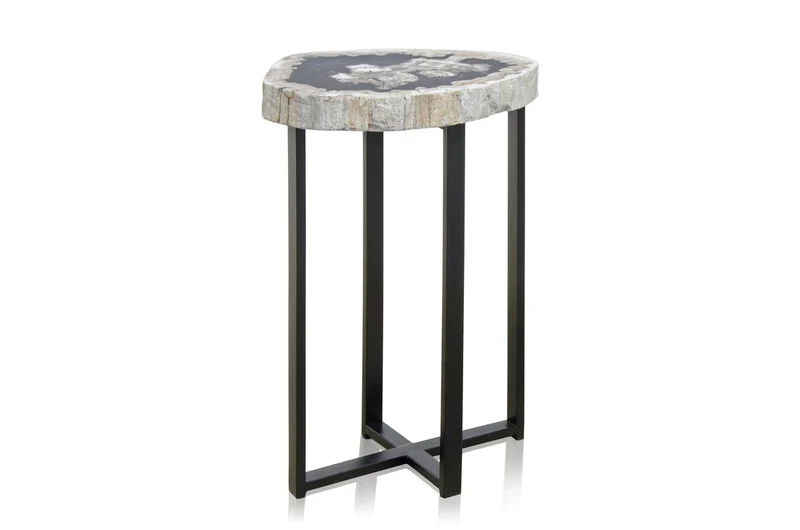 Casa Padrino Luxus Beistelltisch Braun 56 x 43 x H. 60 cm - Beistelltisch mit Tischplatte aus versteinertem Holz und schwarzem Eisenfuß - Luxus Möbel