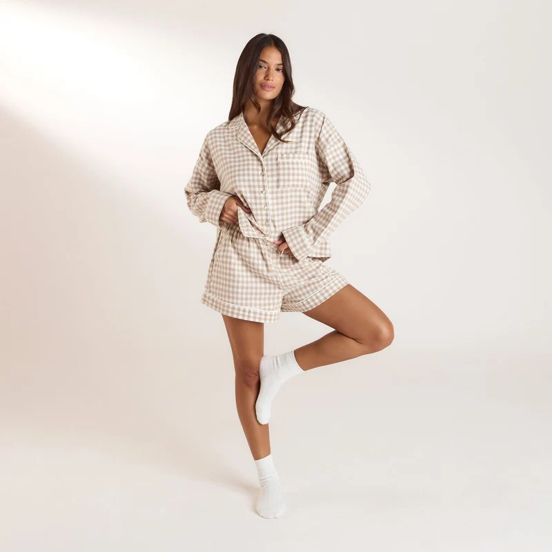 Gingham Pyjama Shirt - Beige