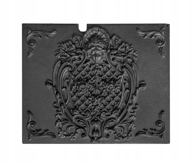 Casa Padrino Gusseisen Kaminplatte Schwarz 54,5 x 40 cm - Kaminrückwand mit Maskaron-Relief - Feuerplatte - Kamin Zubehör