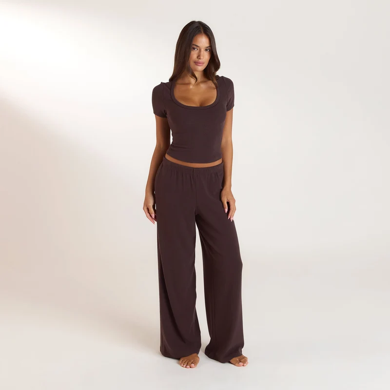 Ribbed Pyjama Top met korte mouwen - Donker Chocoladekleurig