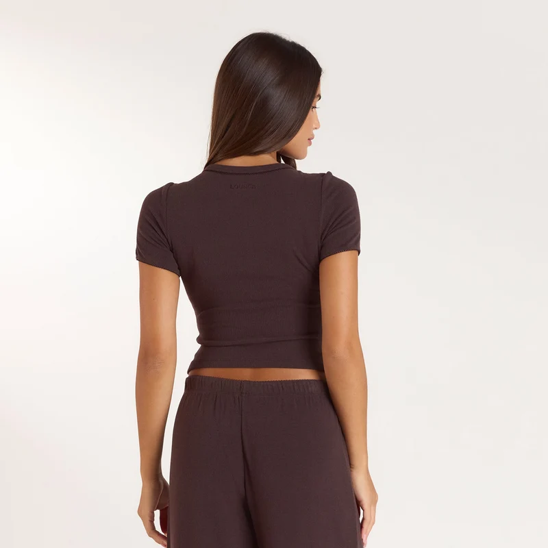 Ribbed Pyjama Top met korte mouwen - Donker Chocoladekleurig