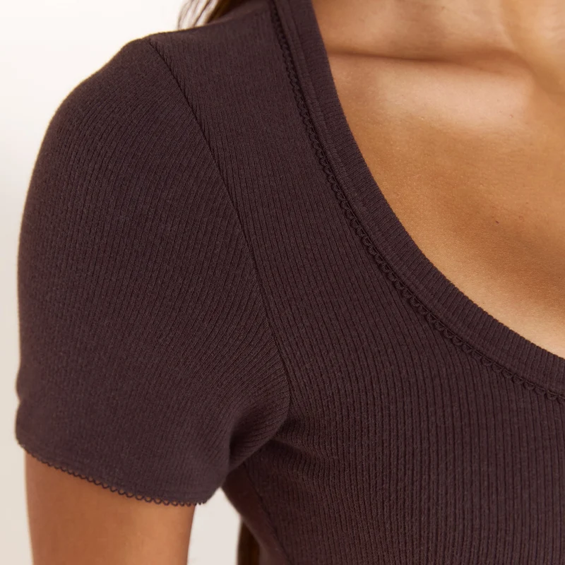 Ribbed Pyjama Top met korte mouwen - Donker Chocoladekleurig
