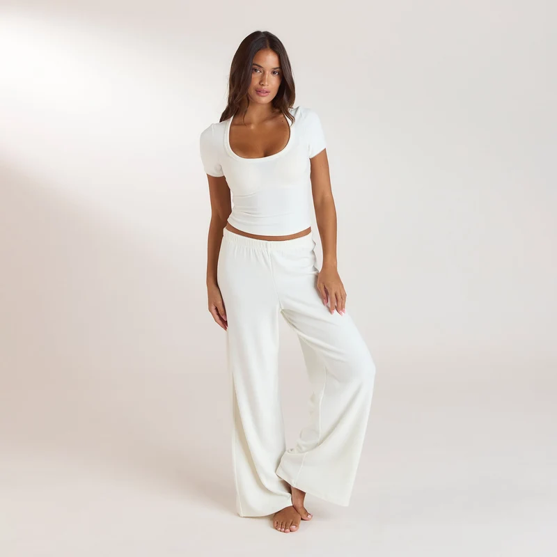 Ribbed Pyjama Top met korte mouwen - Crème