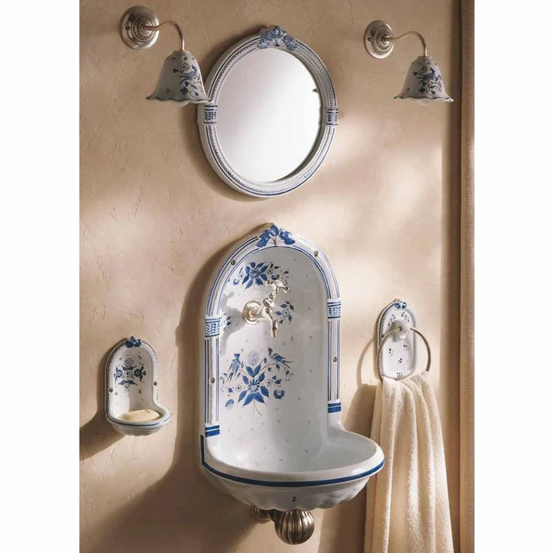 Casa Padrino Luxus Jugendstil Keramik Wandseifenschale Weiß / Blau H. 18 cm - Jugendstil Badezimmer Accessoires - Made in Italy
