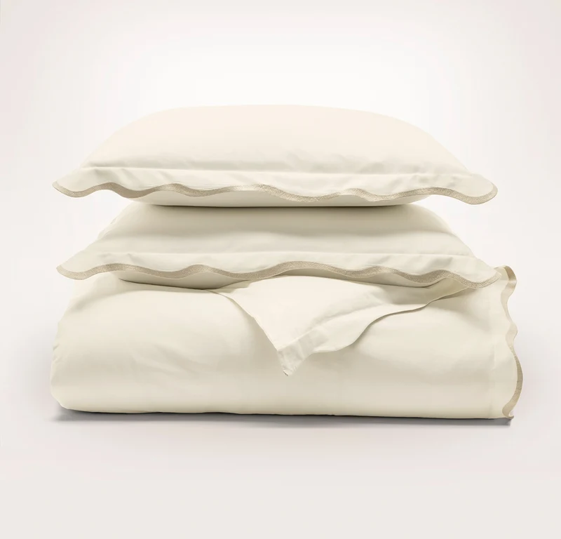 Percale Embellished Duvet Set - Cream/Sand Curved Edge