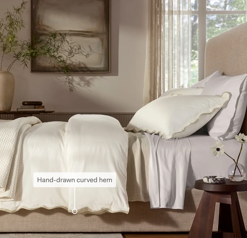 Percale Embellished Duvet Set - Shore/Shore Curved Edge
