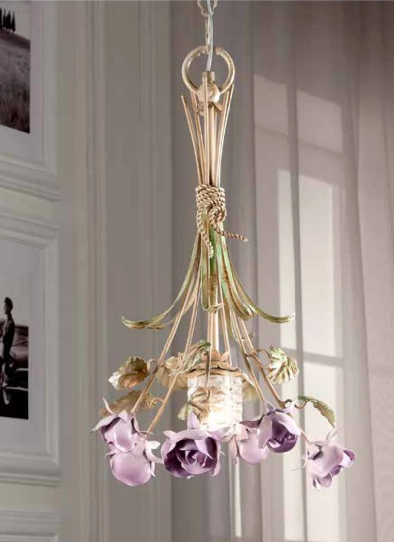 Casa Padrino Barock Kronleuchter Grün Gold Lila Ø 15 x H. 45 cm 1-flammig - Handgefertigte Leuchte aus Italien - Barock Leuchten