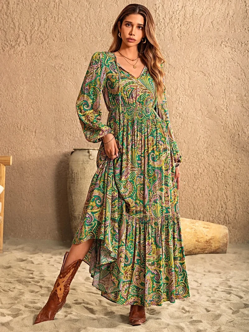 Elegante jurk met lange mouwen en print, met strik bij de hals - 100% viscose, ondoorzichtig, niet-elastisch