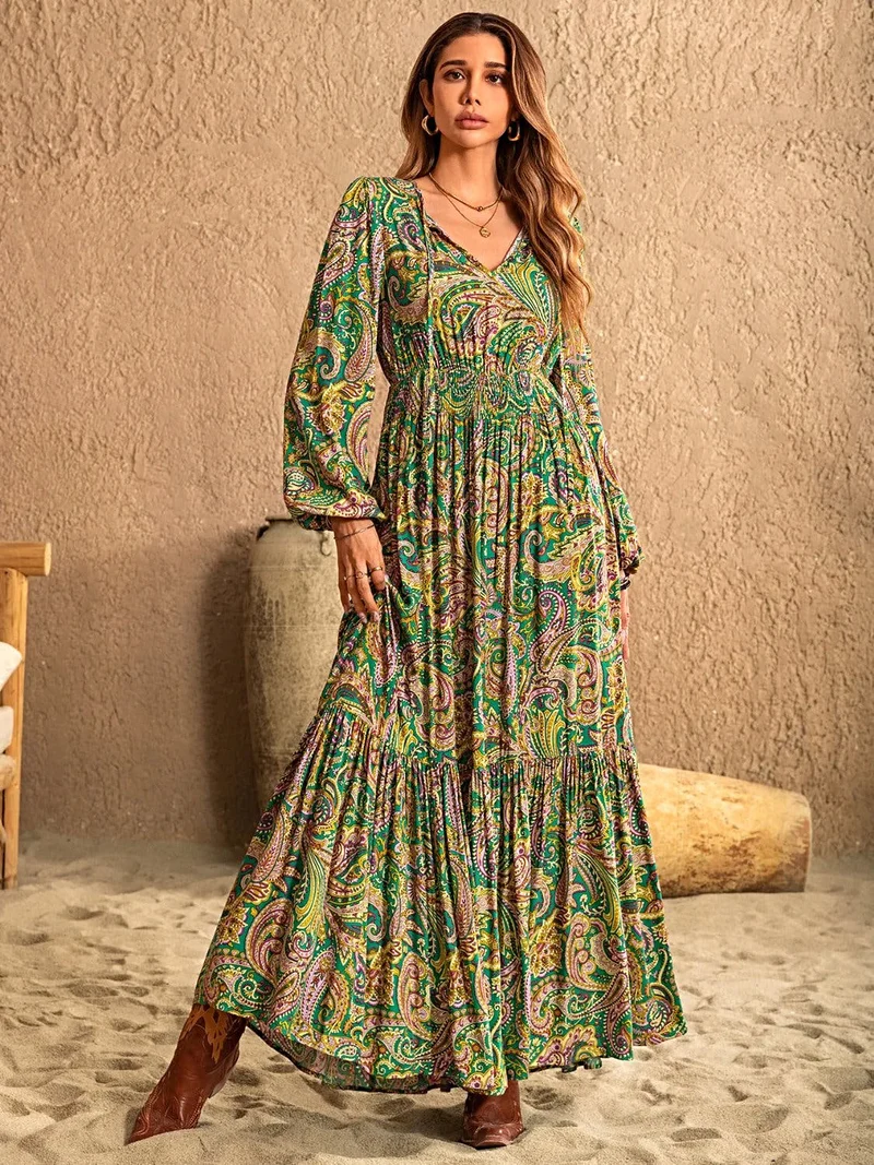 Elegante jurk met lange mouwen en print, met strik bij de hals - 100% viscose, ondoorzichtig, niet-elastisch