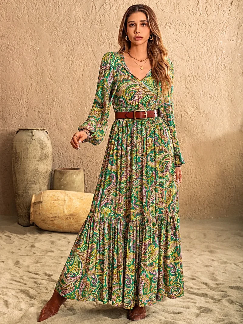 Elegante jurk met lange mouwen en print, met strik bij de hals - 100% viscose, ondoorzichtig, niet-elastisch