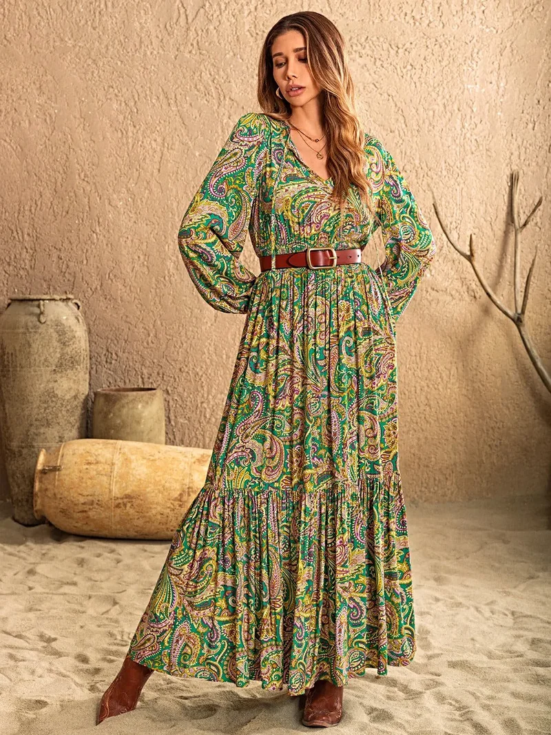 Elegante jurk met lange mouwen en print, met strik bij de hals - 100% viscose, ondoorzichtig, niet-elastisch