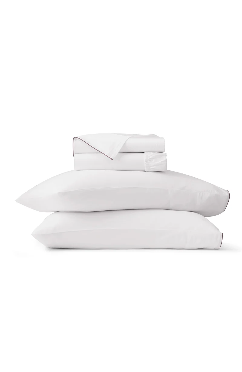 Signature Embellished Sheet Set - White/Plum Piped Edge