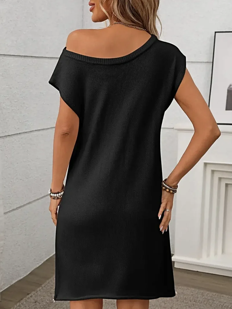 Damesjurk met één schouder - Elegante stretch gebreide mini-jurk met asymmetrische halslijn