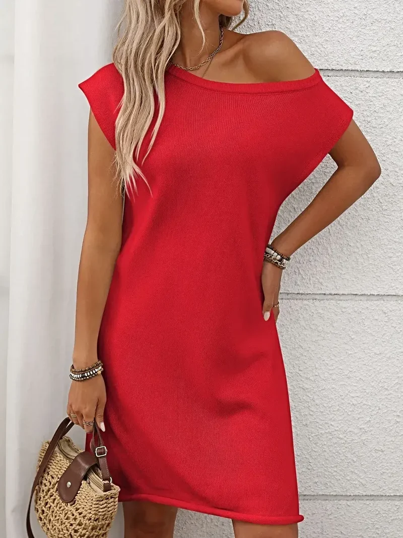 Damesjurk met één schouder - Elegante stretch gebreide mini-jurk met asymmetrische halslijn