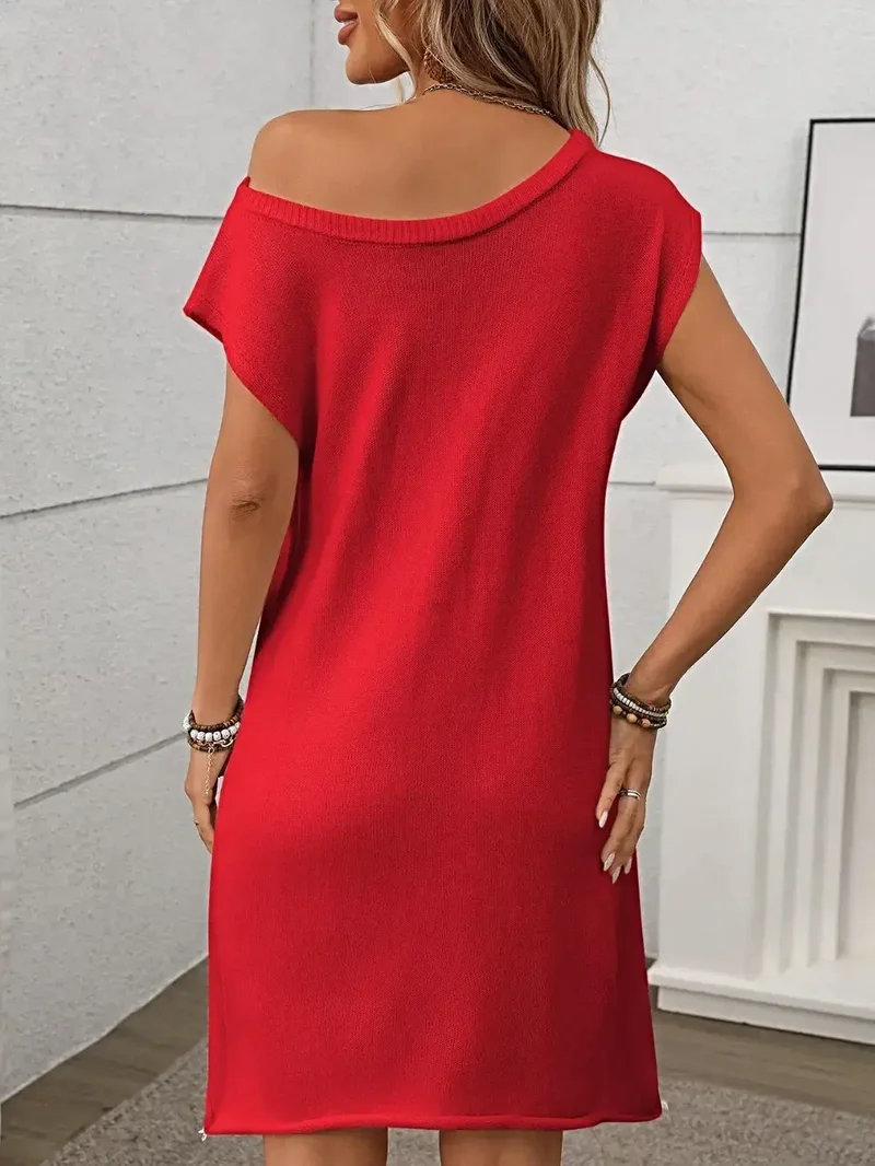 Damesjurk met één schouder - Elegante stretch gebreide mini-jurk met asymmetrische halslijn