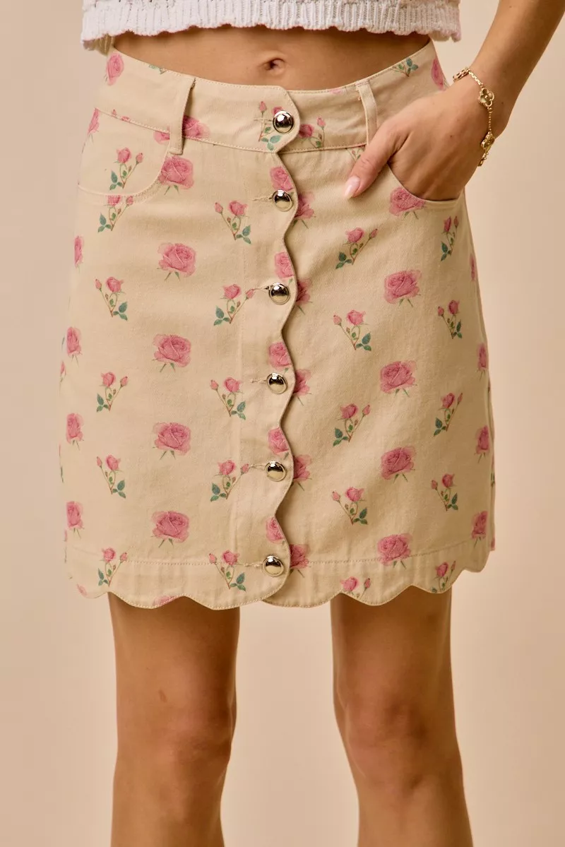 SO ME Minirok van katoenen twill met bloemen- en rozenprint en geschulpte rand