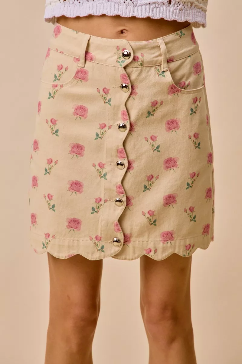 SO ME Minirok van katoenen twill met bloemen- en rozenprint en geschulpte rand