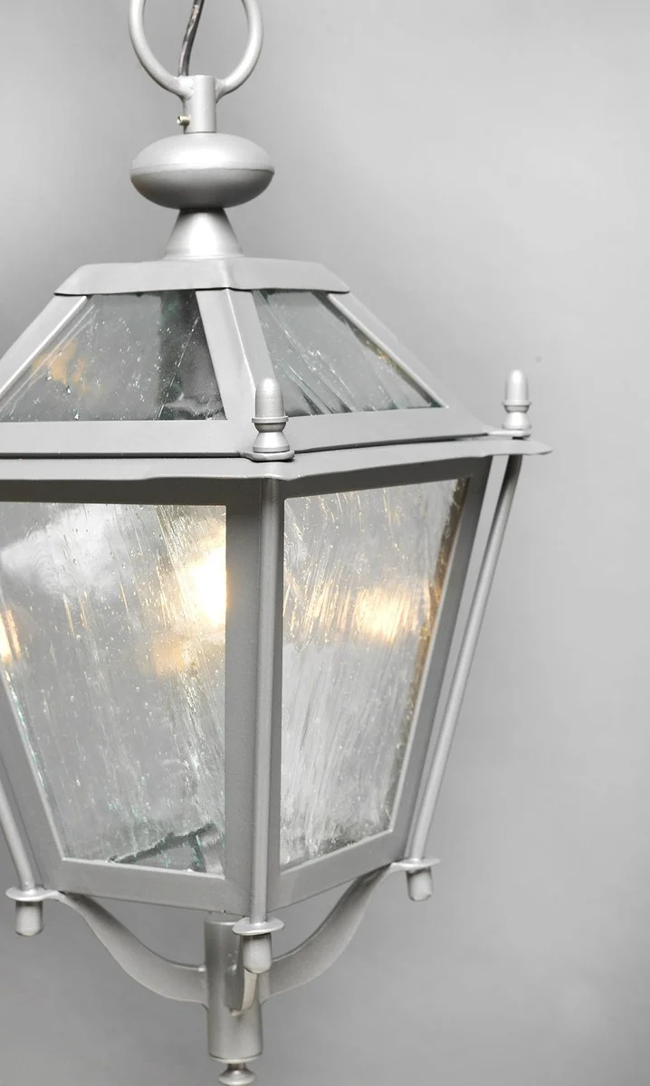 Casa Padrino Luxus Außen Hängeleuchte Laterne Grau B. 29 x H. 54 cm - Handgefertigte Laterne aus Schmiedeeisen - Luxus Kollektion - Edel & Prunkvoll