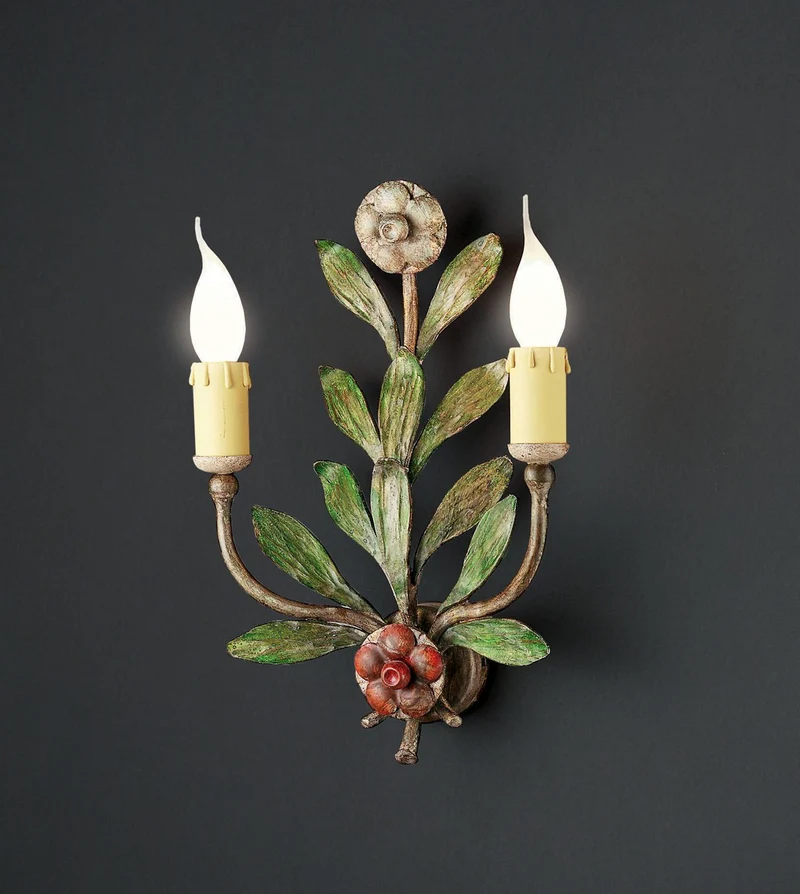 Casa Padrino Luxus Wandleuchte Mehrfarbig B. 25 x H. 36 cm - Handgefertigte Wandleuchte aus Schmiedeeisen mit handgeformten Blüten - Luxus Kollektion - Edel & Prunkvoll