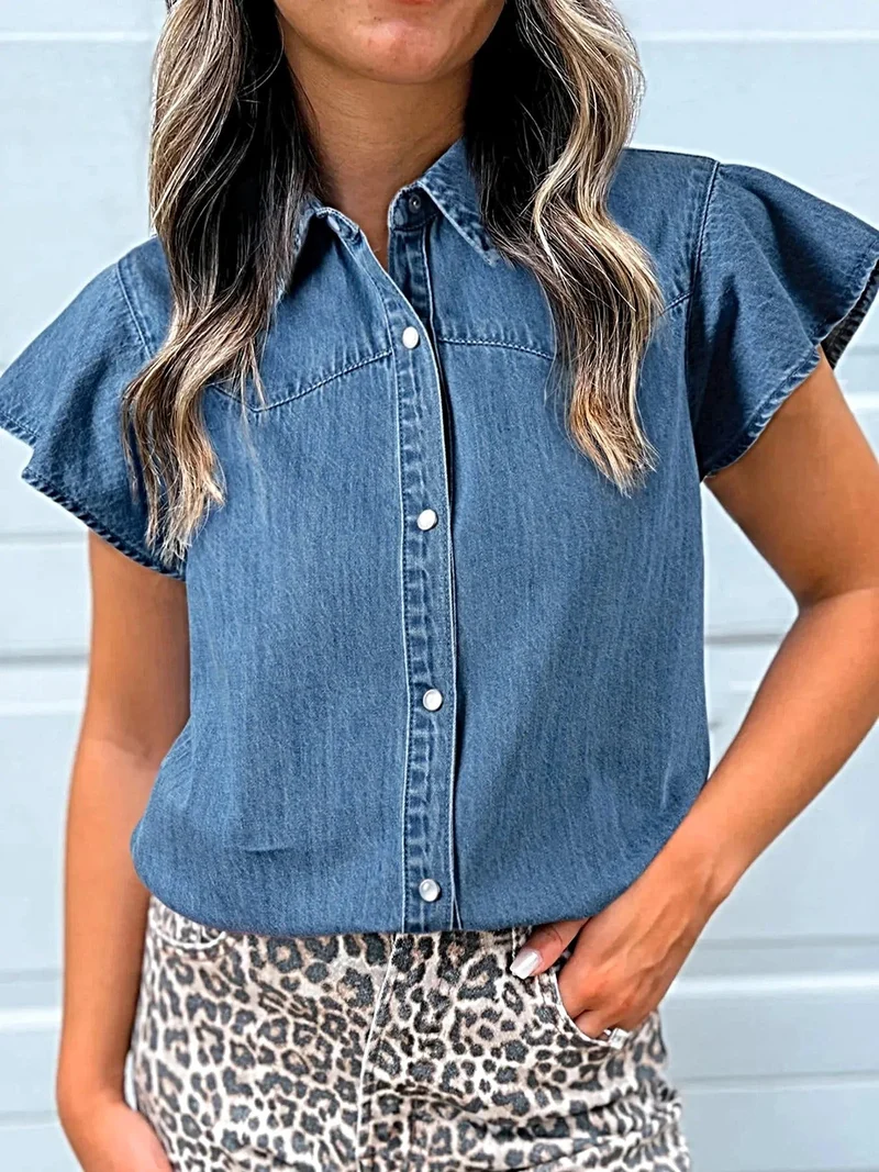 Stijlvol denim overhemd met ruches - korte mouwen, knoopsluiting, 85% katoenmix