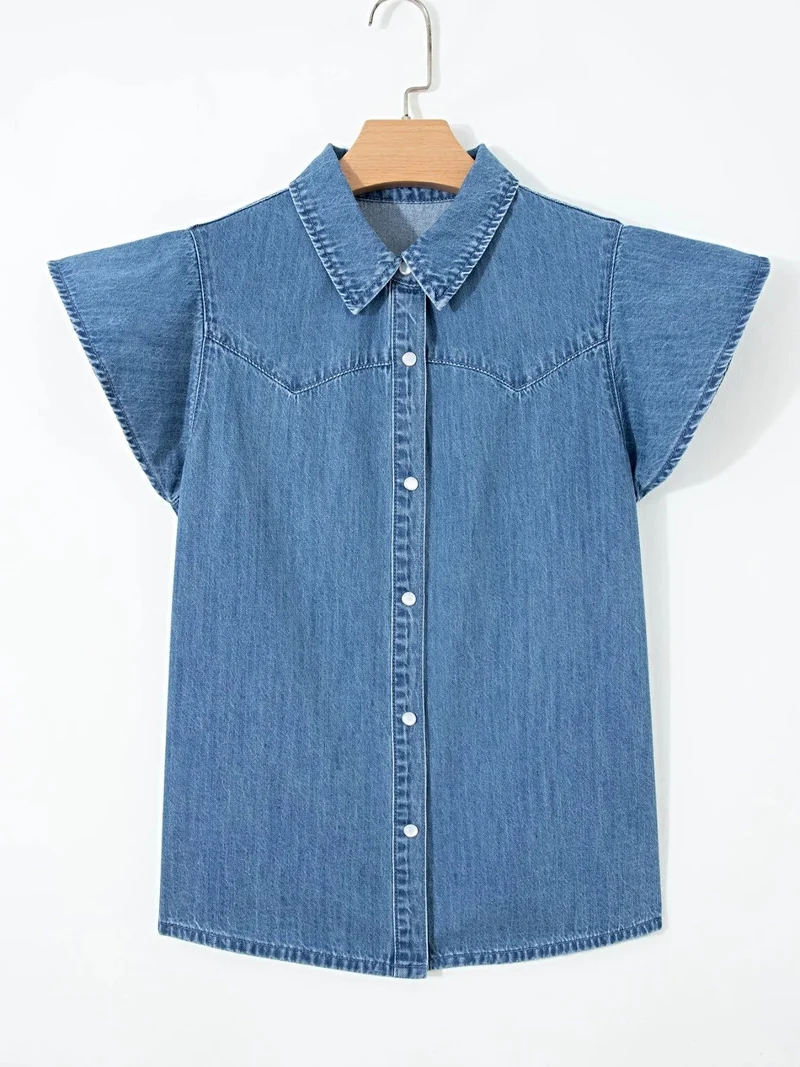 Stijlvol denim overhemd met ruches - korte mouwen, knoopsluiting, 85% katoenmix