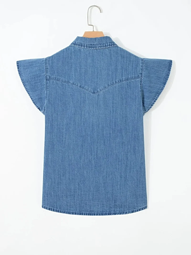Stijlvol denim overhemd met ruches - korte mouwen, knoopsluiting, 85% katoenmix