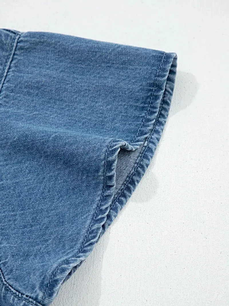 Stijlvol denim overhemd met ruches - korte mouwen, knoopsluiting, 85% katoenmix