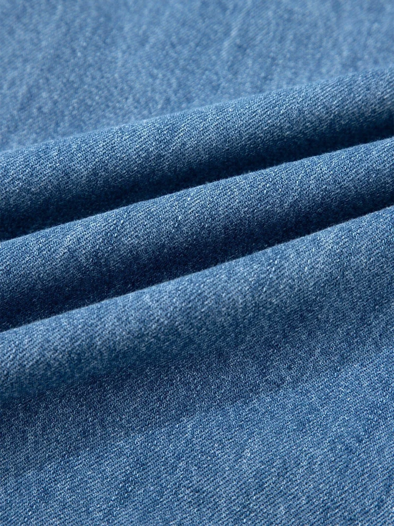 Stijlvol denim overhemd met ruches - korte mouwen, knoopsluiting, 85% katoenmix