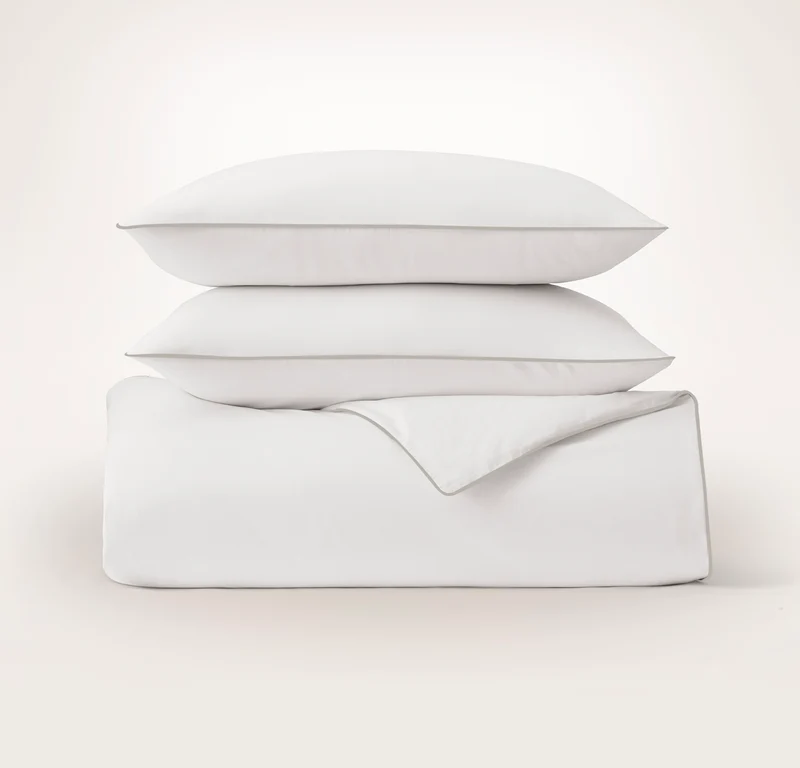 Percale Embellished Duvet Set - White/Pewter Piped Edge