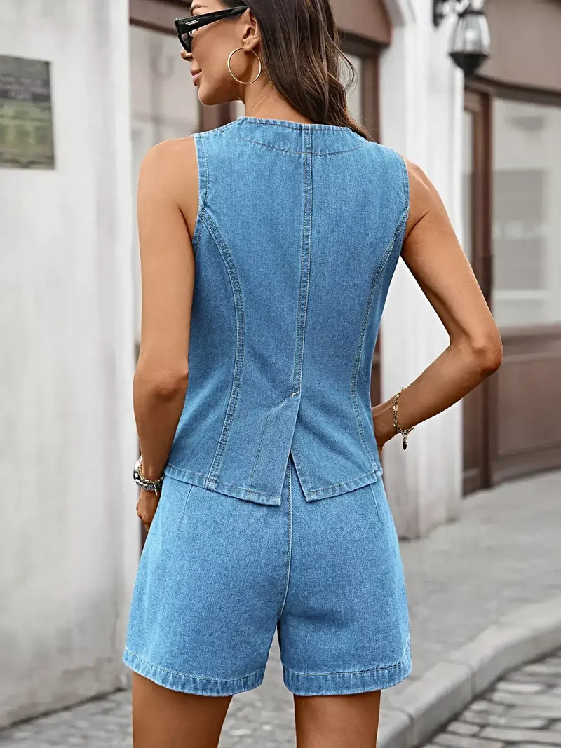 Stijlvolle mouwloze denim outfitset met vest met knoopjes en shorts voor een moeiteloos chique look.