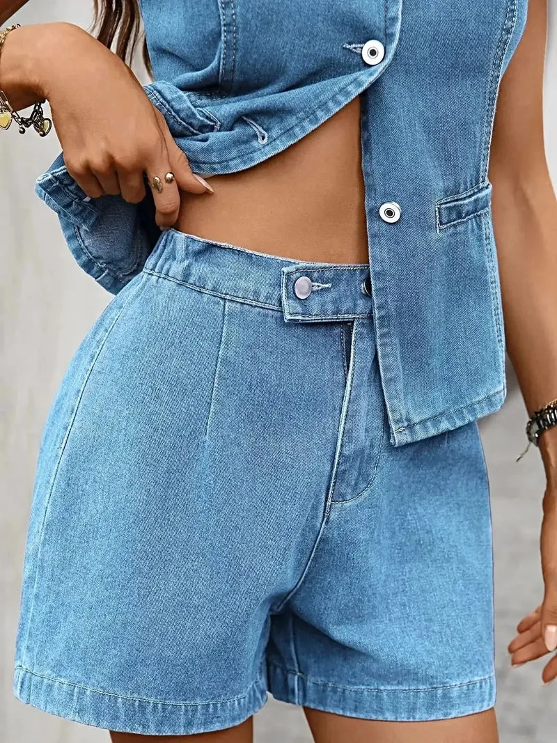 Stijlvolle mouwloze denim outfitset met vest met knoopjes en shorts voor een moeiteloos chique look.