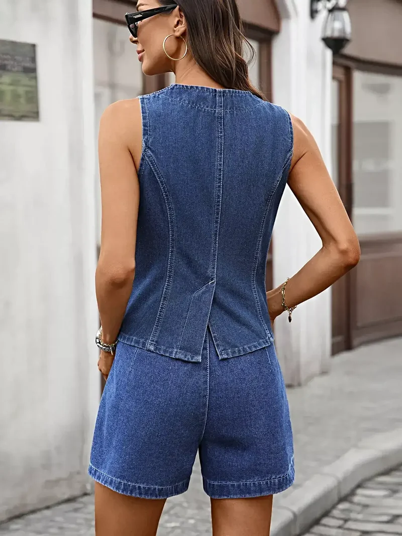 Stijlvolle mouwloze denim outfitset met vest met knoopjes en shorts voor een moeiteloos chique look.